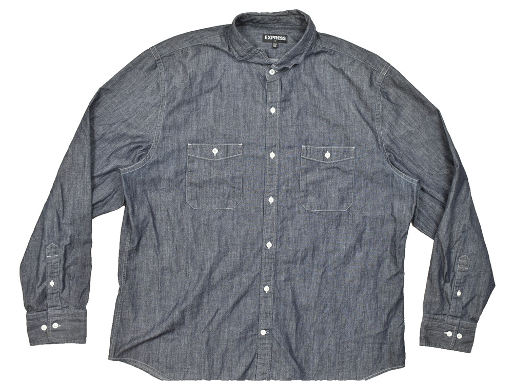 Express Men XXL Blue Cotton Long Sleeve Dual Pocket Button Down Shirt 18-18.5